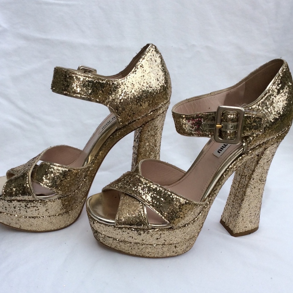 Miu Miu Glitter Crisscross Mary Jane Sandal, Gold - Picture 7 of 7